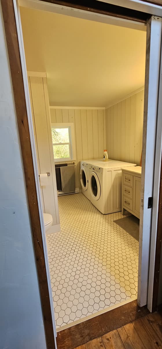 Salt Spring Island — full bathroom renovation, handmade tile surround, vanity, slate floor tile · Salt Spring Island