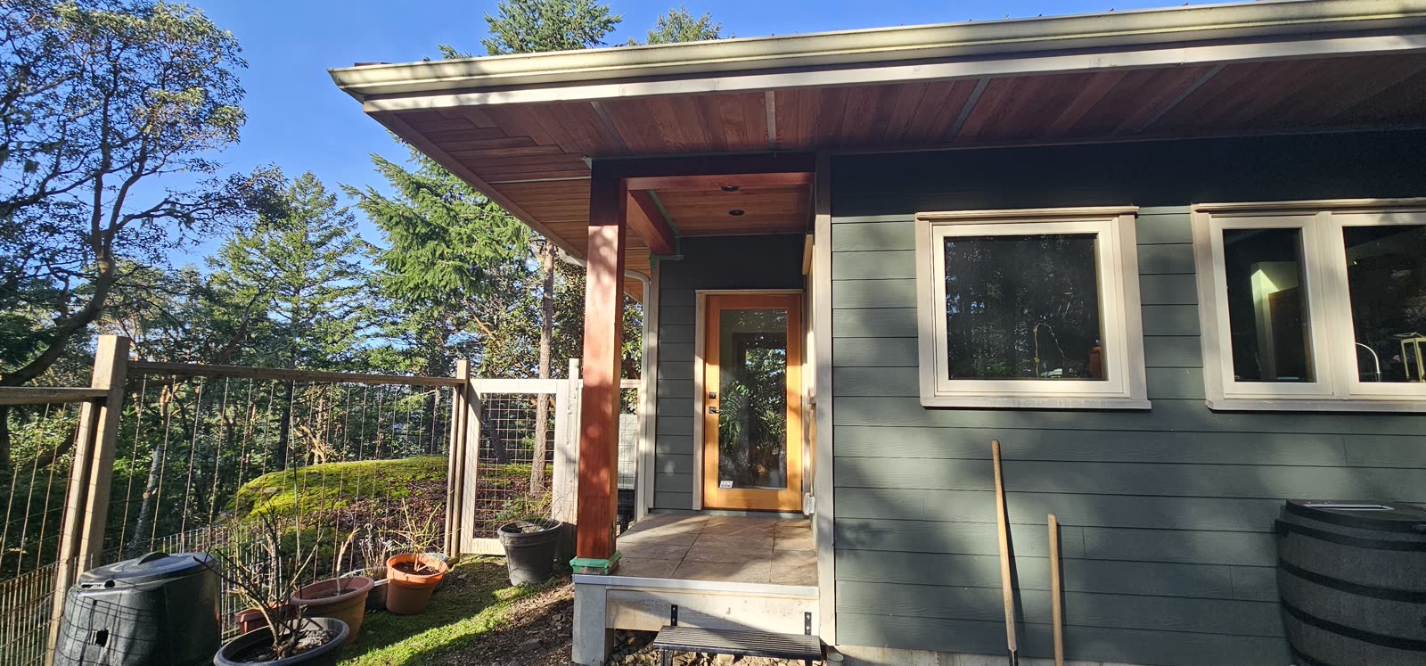 Covered cedar deck — Saanich Peninsula entry side elevation · Saanich Peninsula
