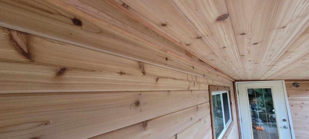Cedar T&G wall and ceiling panelling — Great Raven Renovations millwork, Salt Spring Island
