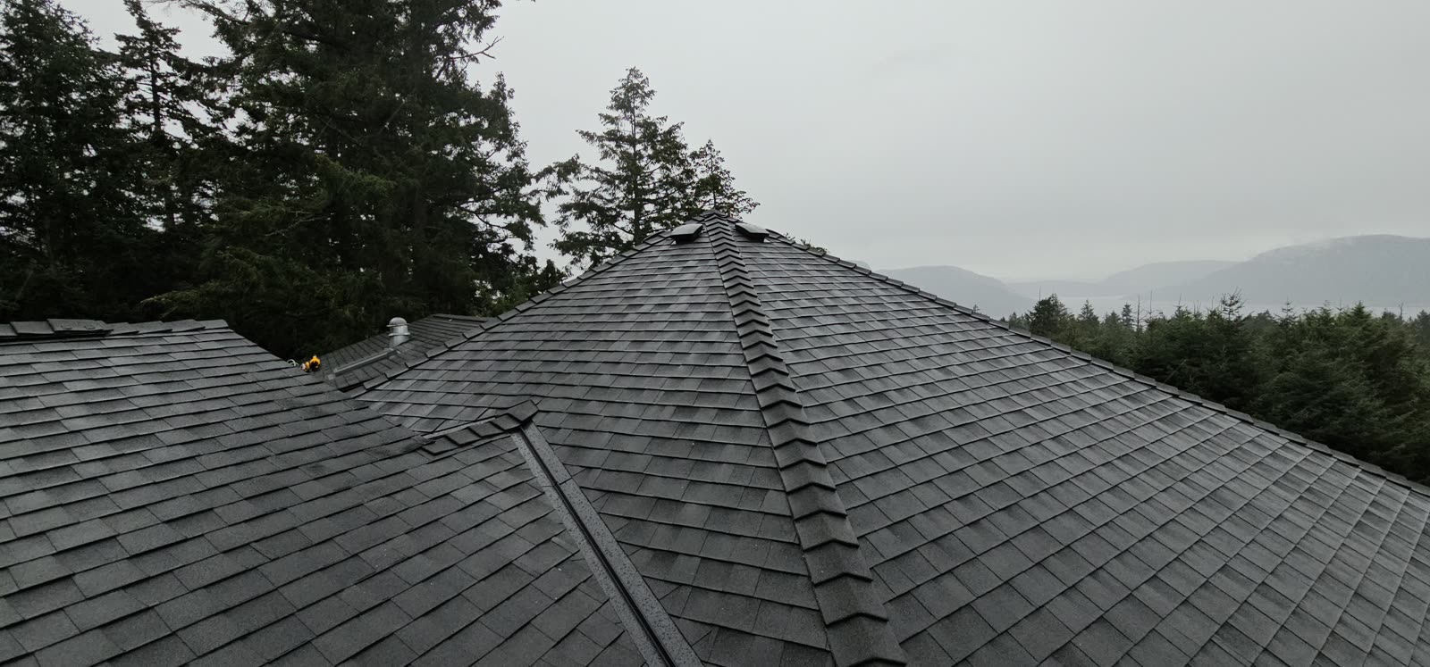 Salt Spring Island project — completed ridgeline with forest and mountain backdrop