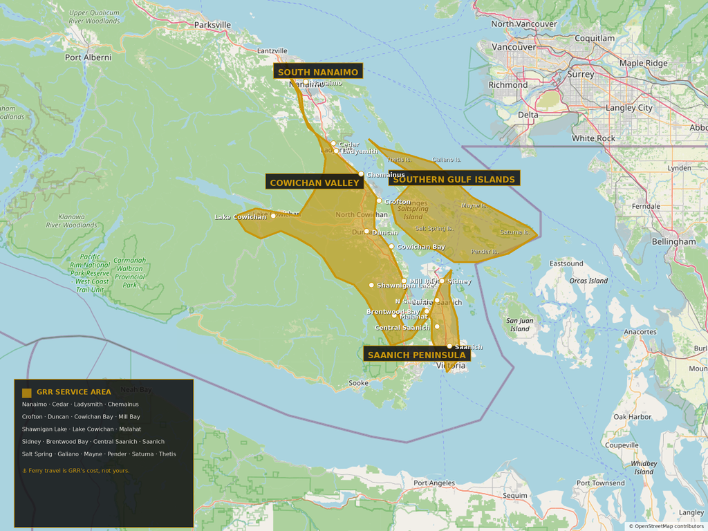 Service area map showing Southern Gulf Islands, Cowichan Valley, and South Nanaimo highlighted in gold on a real OpenStreetMap base